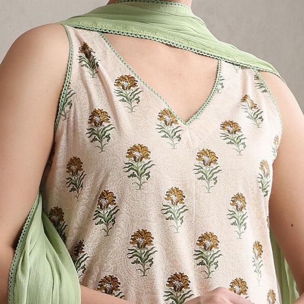 Khushal K Floral Printed V-Neck Pure Cotton Kurta With Palazzos And Dupatta