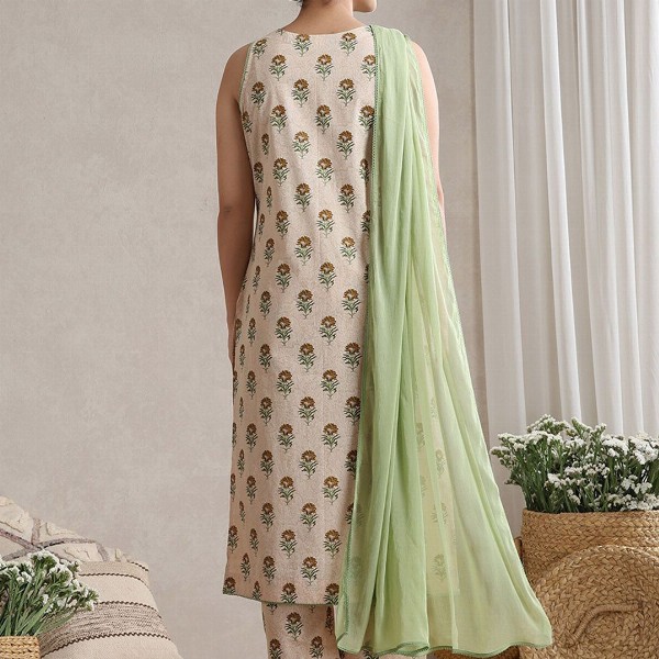 Khushal K Floral Printed V-Neck Pure Cotton Kurta With Palazzos And Dupatta