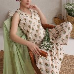 Khushal K Floral Printed V-Neck Pure Cotton Kurta With Palazzos And Dupatta