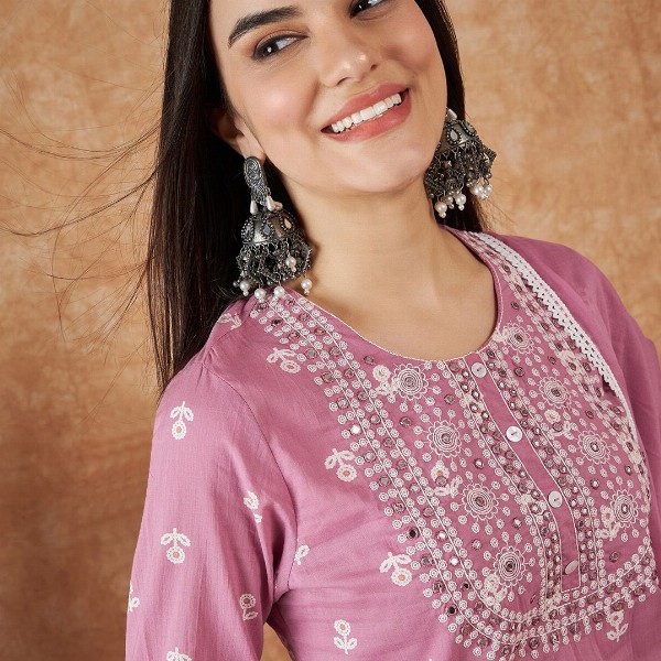 Sangria Floral Printed Pure Cotton Kurta With Trousers & Dupatta