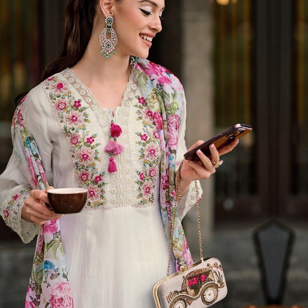 Indo Era Floral Embroidered Thread Work A-Line Kurta With Trousers & Dupatta