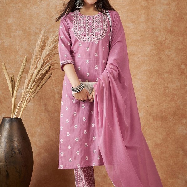 Sangria Floral Printed Pure Cotton Kurta With Trousers & Dupatta
