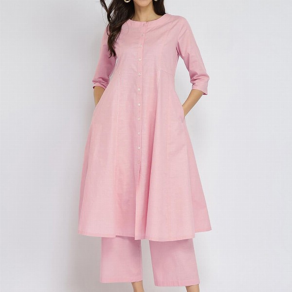 Pink Fort Luxe-Textured Cotton Solid Kurta Set - Pink