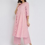 Pink Fort Luxe-Textured Cotton Solid Kurta Set - Pink