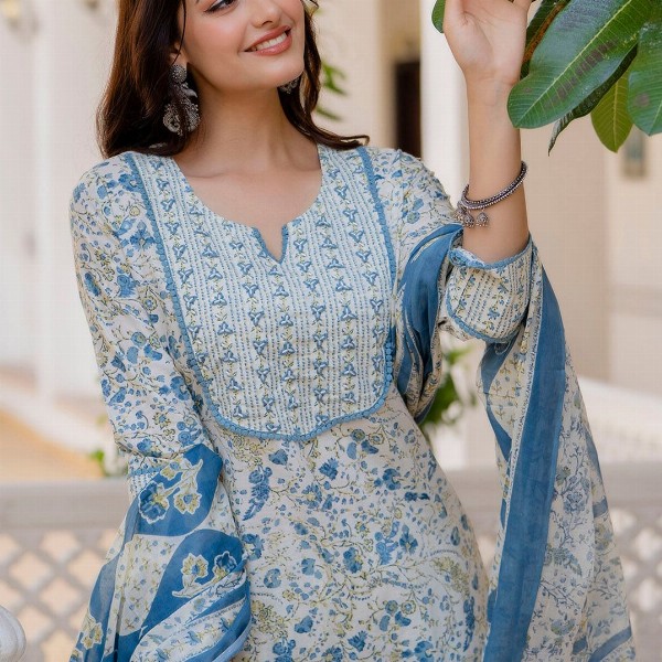 Anouk Women Floral Printed Regular Aari Work Pure Cotton Kurta with Trousers & With Dupatta