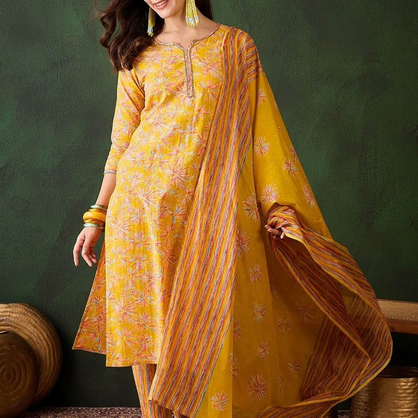 Sangria Floral Printed Sequinned V-Neck Straight Kurta & Trouser With Dupatta