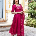 GoSriKi Thread Work Anarkali Kurta With Trouser & Dupatta