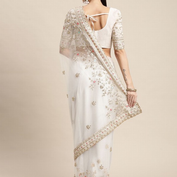 VAIRAGEE Off White Floral Embroidered Net Saree