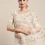 VAIRAGEE Off White Floral Embroidered Net Saree