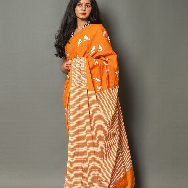 Pinkcity Trade World Geometric Printed Pure Cotton Mulmul Bagru Saree