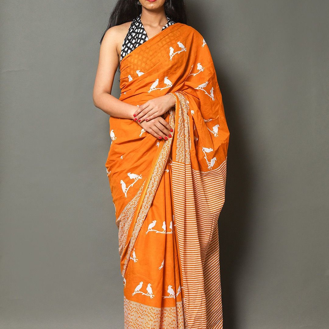 Pinkcity Trade World Geometric Printed Pure Cotton Mulmul Bagru Saree