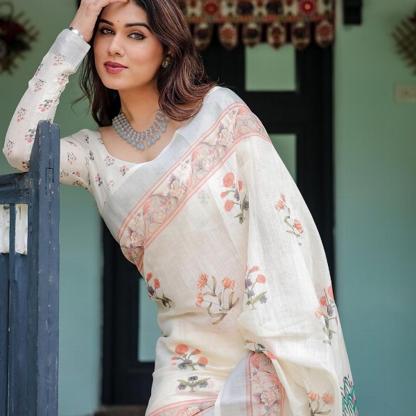 all about you Printed Floral Pure Linen Sarees