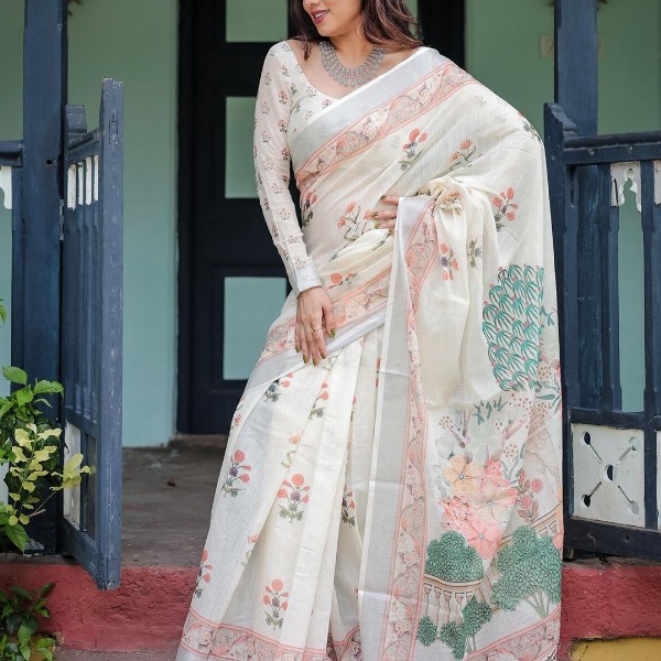 all about you Printed Floral Pure Linen Sarees