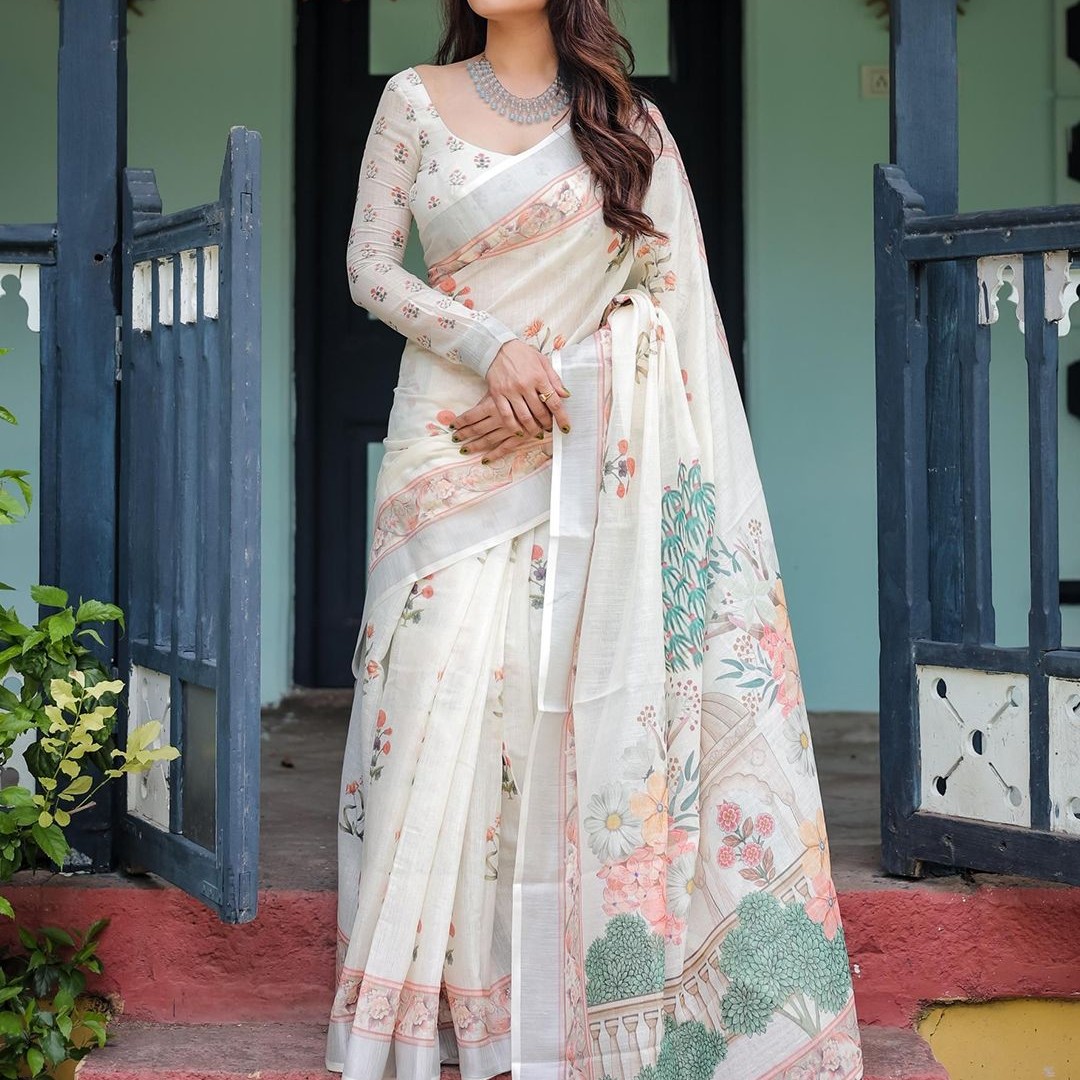 all about you Printed Floral Pure Linen Sarees