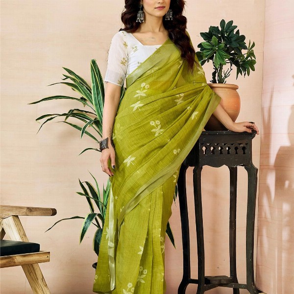 Mitera Ethnic Motifs Pure Linen Ready to Wear Saree
