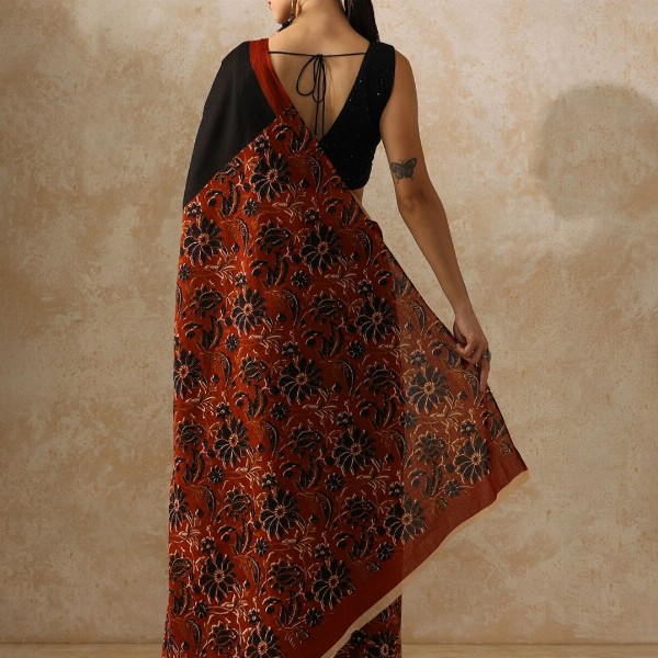 Moara Floral Pure Cotton Bagru Saree with Unstiched Blouse