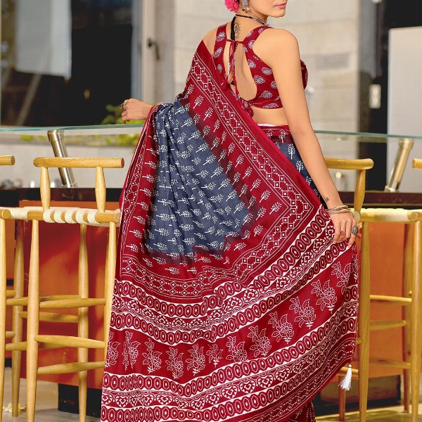 Panzora Floral Block Printed Mulmul Cotton Ready To Wear Saree