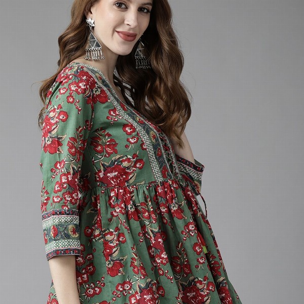 Rain & Rainbow Gather A-Line Print Top