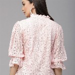 Style Quotient Self Design Tie-Up Neck Puff Sleeve Cotton Top