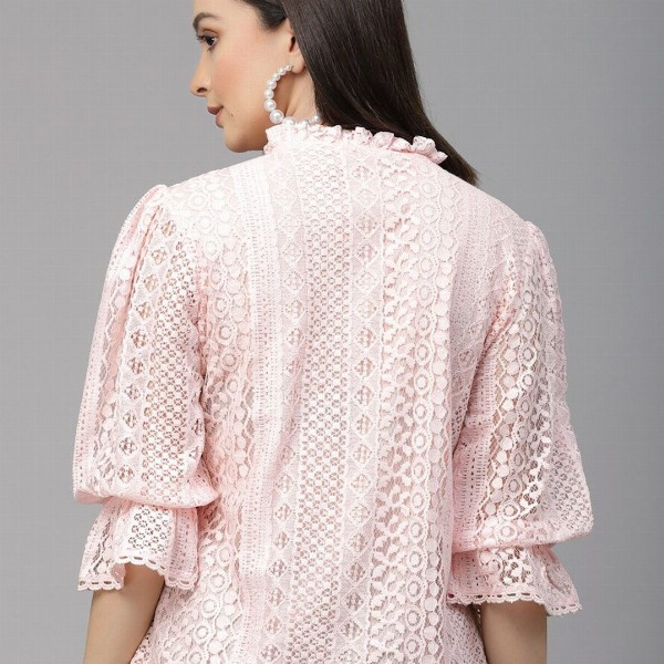 Style Quotient Self Design Tie-Up Neck Puff Sleeve Cotton Top