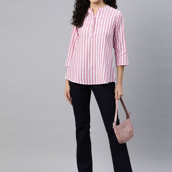 Cottinfab Striped Mandarin Collar Cotton Top
