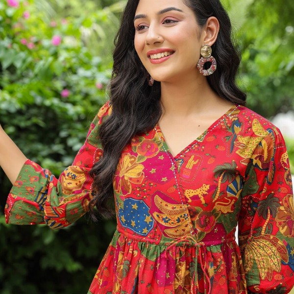 Rain & Rainbow Floral Printed Bell Sleeve Cotton Empire Top