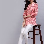 QOMN Coral & White Floral Print Mandarin Collar Pure Cotton Empire Top