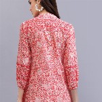 QOMN Coral & White Floral Print Mandarin Collar Pure Cotton Empire Top