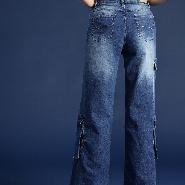 Mast & Harbour Women Wide Leg High-Rise Light Fade Stretchable Cargo Jeans