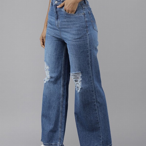 Roadster Women Blue Wide Leg Heavy Fade Stretchable Casual Jeans