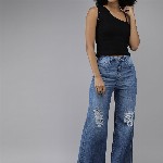 Roadster Women Blue Wide Leg Heavy Fade Stretchable Casual Jeans