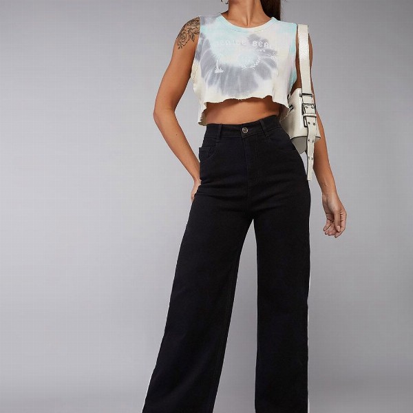 DOLCE CRUDO Women Wide Leg High Rise Clean Look Stretchable Denim Jeans