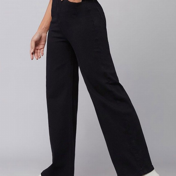 DOLCE CRUDO Women Wide Leg High Rise Clean Look Stretchable Denim Jeans