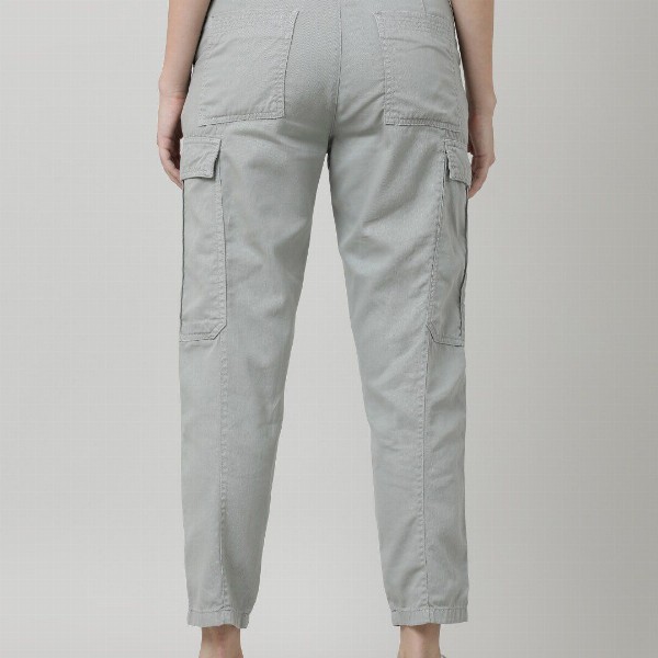 IVOC Women Grey Mid-Rise Cotton Cargos Trousers