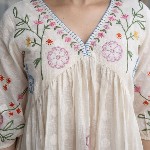 ZUMMER Cotton Floral Embroidered Puff Sleeve Empire Dress