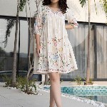 ZUMMER Cotton Floral Embroidered Puff Sleeve Empire Dress
