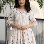 ZUMMER Cotton Floral Embroidered Puff Sleeve Empire Dress
