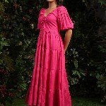 anayna Women Checked Cotton Fit & Flare Maxi Dresses