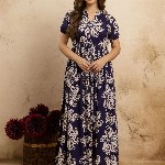 PURSHOTTAM WALA Floral Printed Mandarin Collar A-Line Maxi Dress