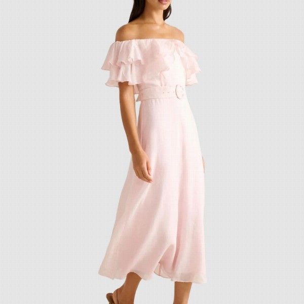 Forever New Women Off-Shoulder Flutter Sleeve Fit and Flare Midi Dress