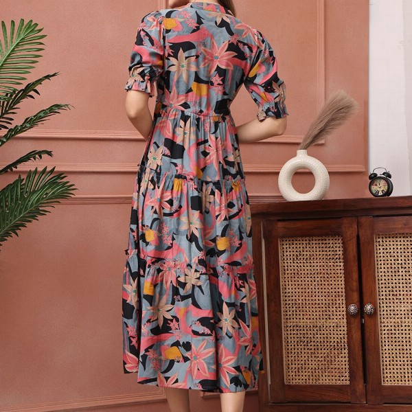 Claura Women Floral Printed Puff Sleeve Fit & Flare Midi Dress