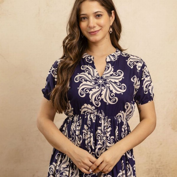 PURSHOTTAM WALA Floral Printed Mandarin Collar A-Line Maxi Dress