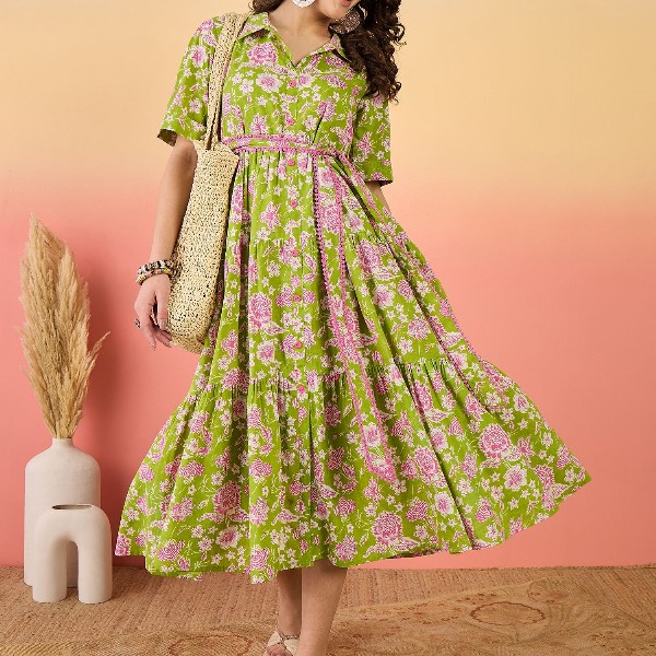 Sangria Floral Printed Pure Cotton Tiered Maxi Dress