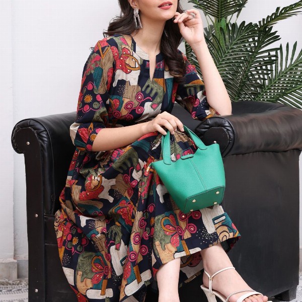 Claura Women Abstract Printed Mandarin Collar A-Line Dress