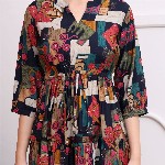 Claura Women Abstract Printed Mandarin Collar A-Line Dress