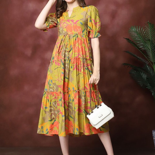 Claura Women Floral Print Mandarin Collar Puff Sleeves Maxi Midi Dress