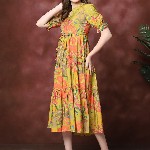 Claura Women Floral Print Mandarin Collar Puff Sleeves Maxi Midi Dress
