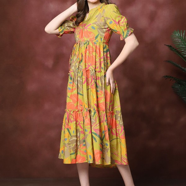 Claura Women Floral Print Mandarin Collar Puff Sleeves Maxi Midi Dress