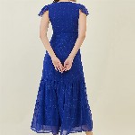 aayu Women V-Neck Tiered Self Design Flutter Sleeves A-Line Maxi Dress