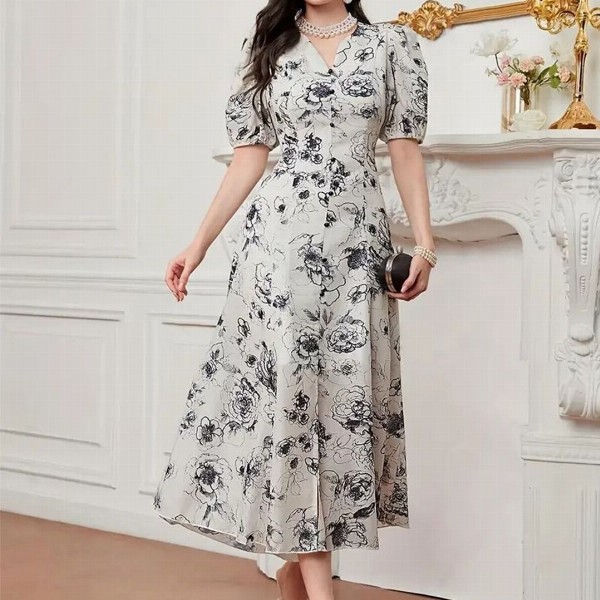 Bollyclues Women Floral Printed A-Line Midi Dress